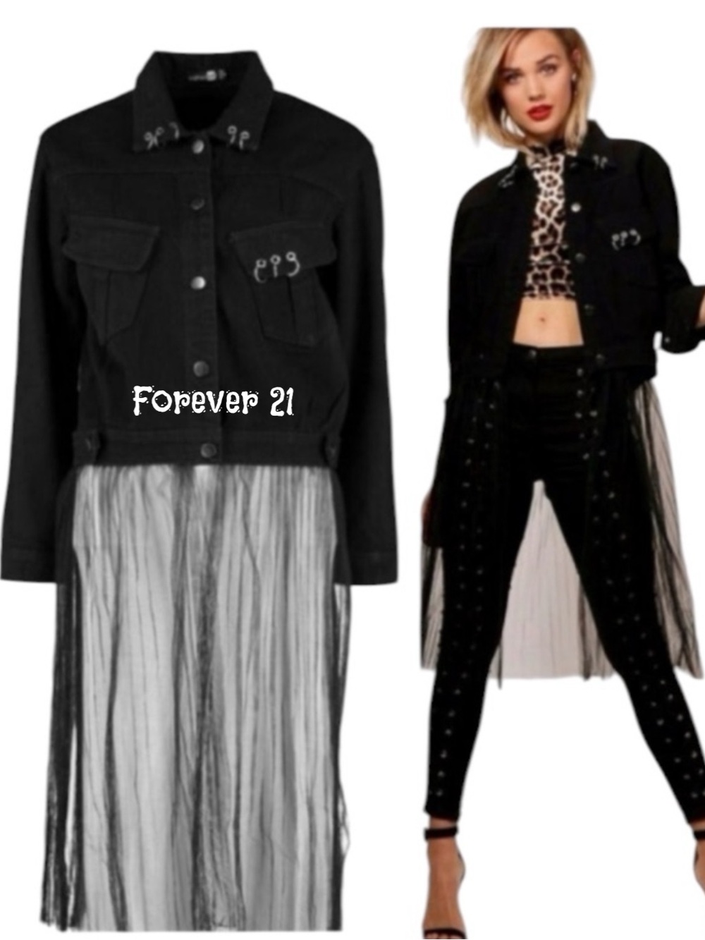 Pierced Black Denim Jacket w Detachable Sheer Tulle Panel - Picture 1 of 16